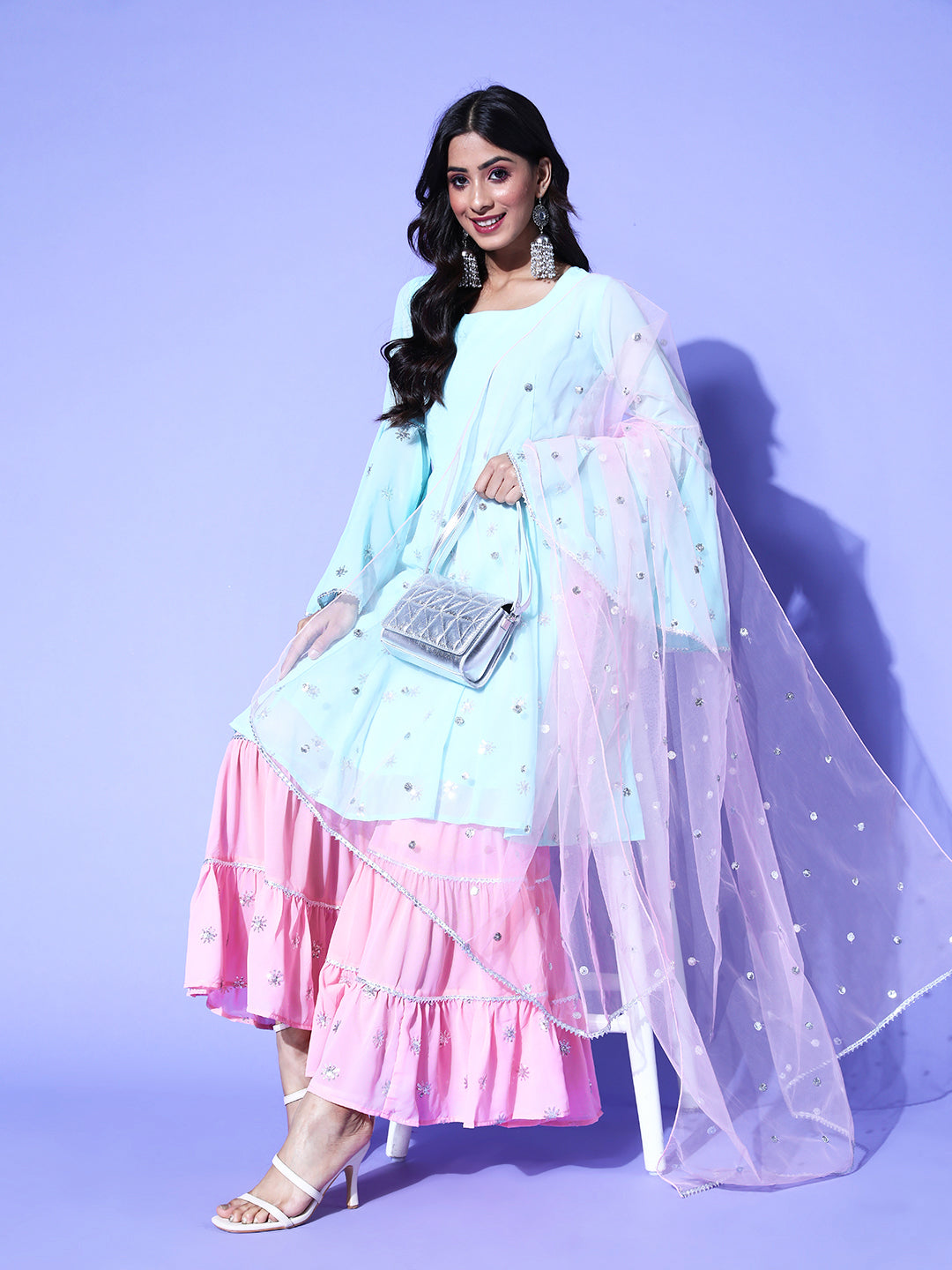 Embroidered baby blue kurta and baby pink sharara with matching embroidered dupatta