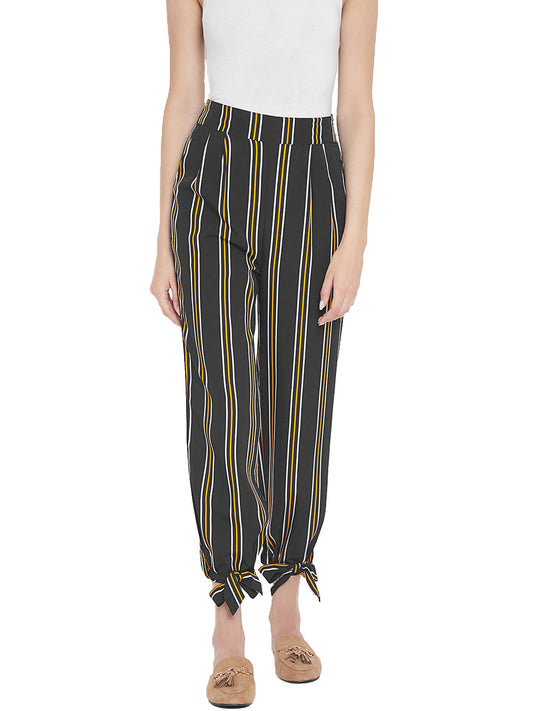 Women's navy blue multicolour stripes elasticed waist trouser