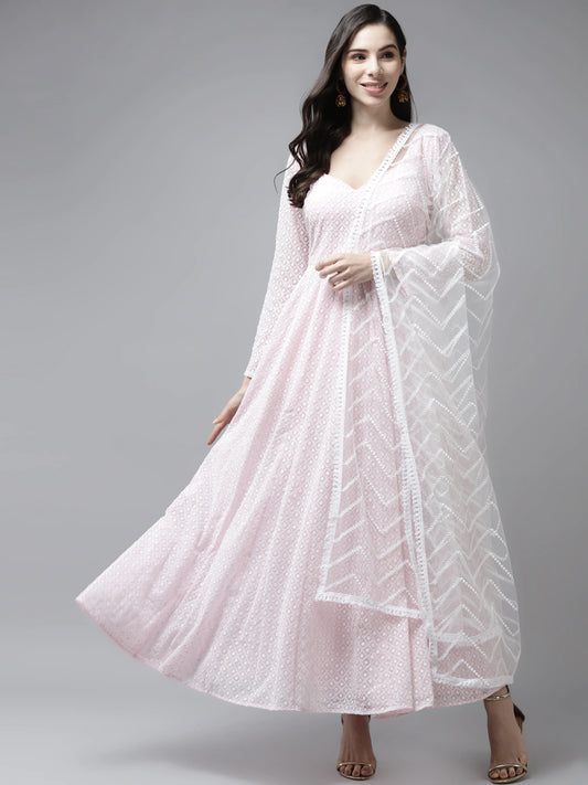 Pink & White Ethnic Motifs Embroidered Georgette Ethnic Maxi Dress With Dupatta
