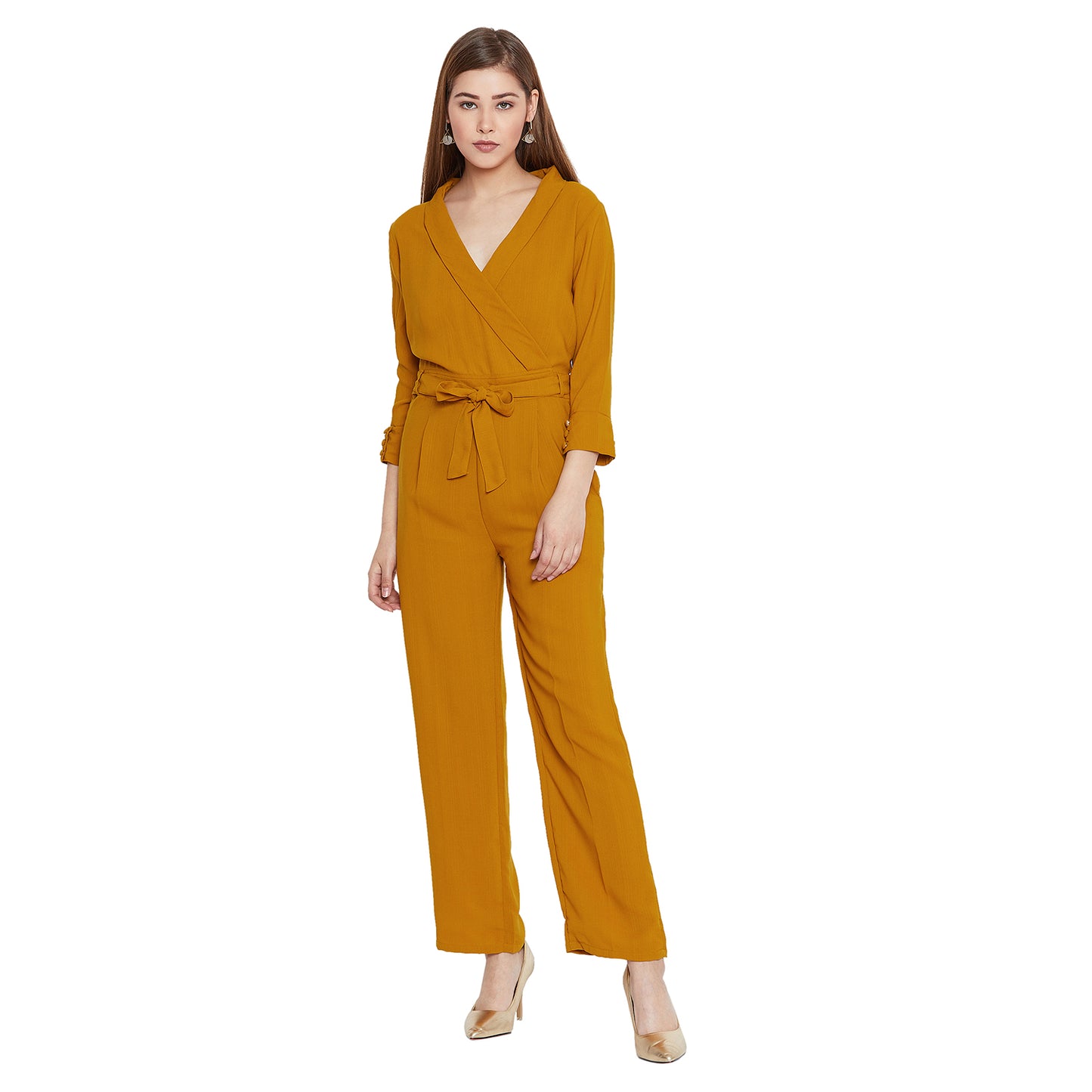 Women'S Solid Mud Yellow Full Length Crepe Jumpsuit