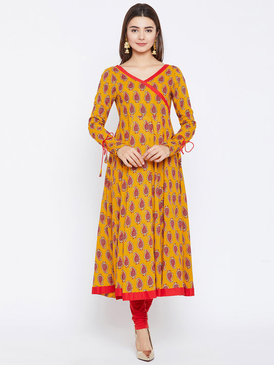 Women's Yellow And Red Color Paisley Printed Anarkali Ankle Length Kurta