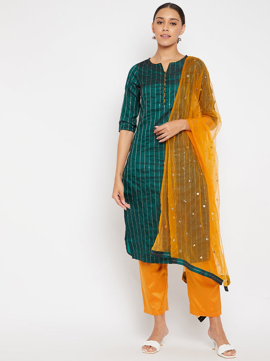 Women Green Mustard Sequin Straight Kurta Set with Dupatta