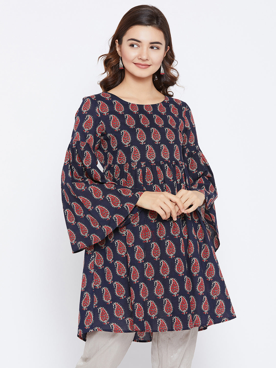 Women Navy Blue & Red Printed Style Kurta
