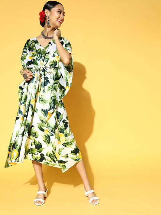 Green & White Floral Satin Ethnic Kaftan Dress