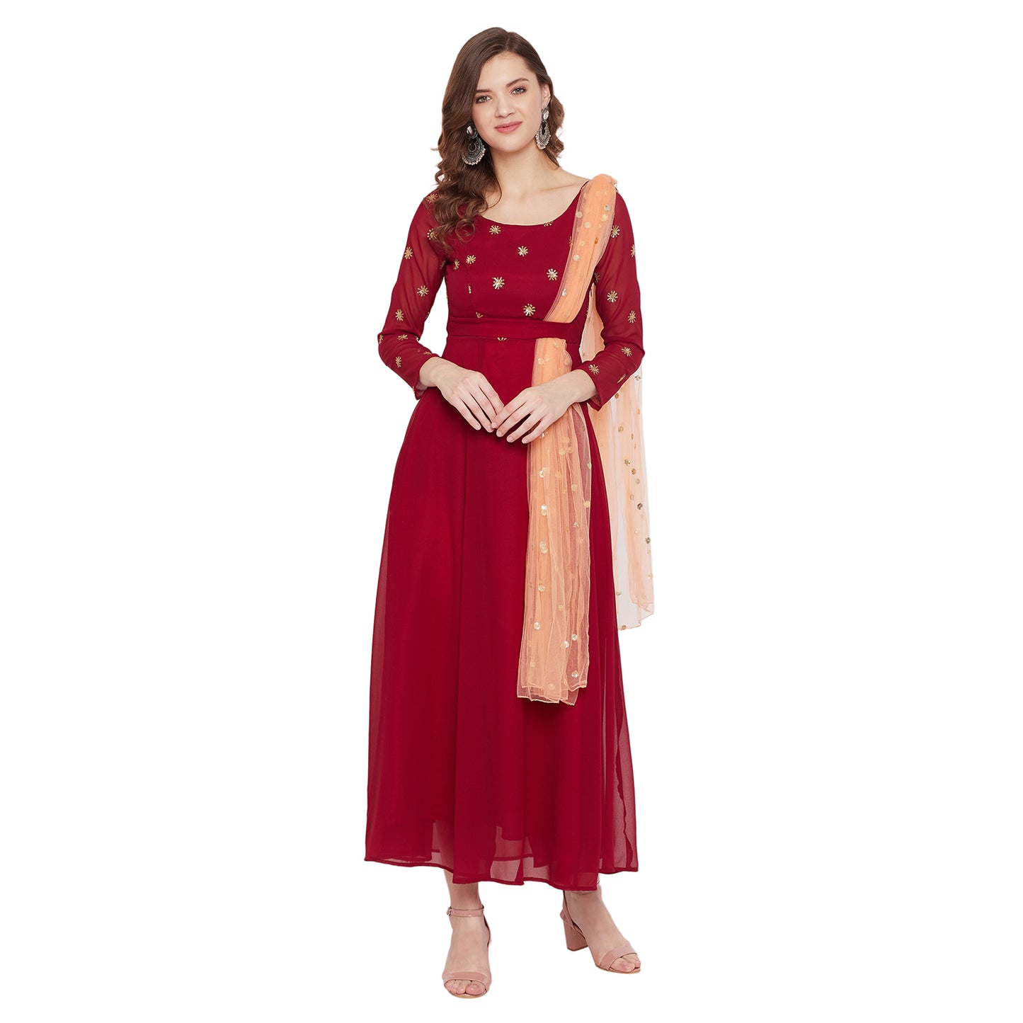 Women Maroon Embellished Maxi Dress With Dupatta