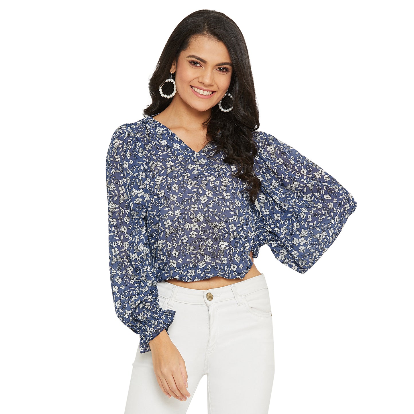 Blue floral printed Top with gather sleeve and waist elastic