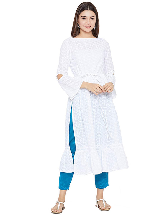 Women White Woven Design A-Line Kurta