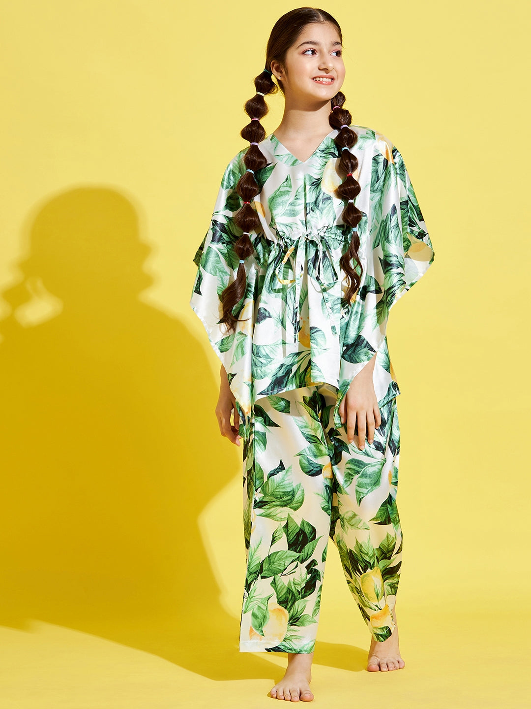 Cherry Jerry Girls Cream-Coloured Green Printed Kaftan Night suit