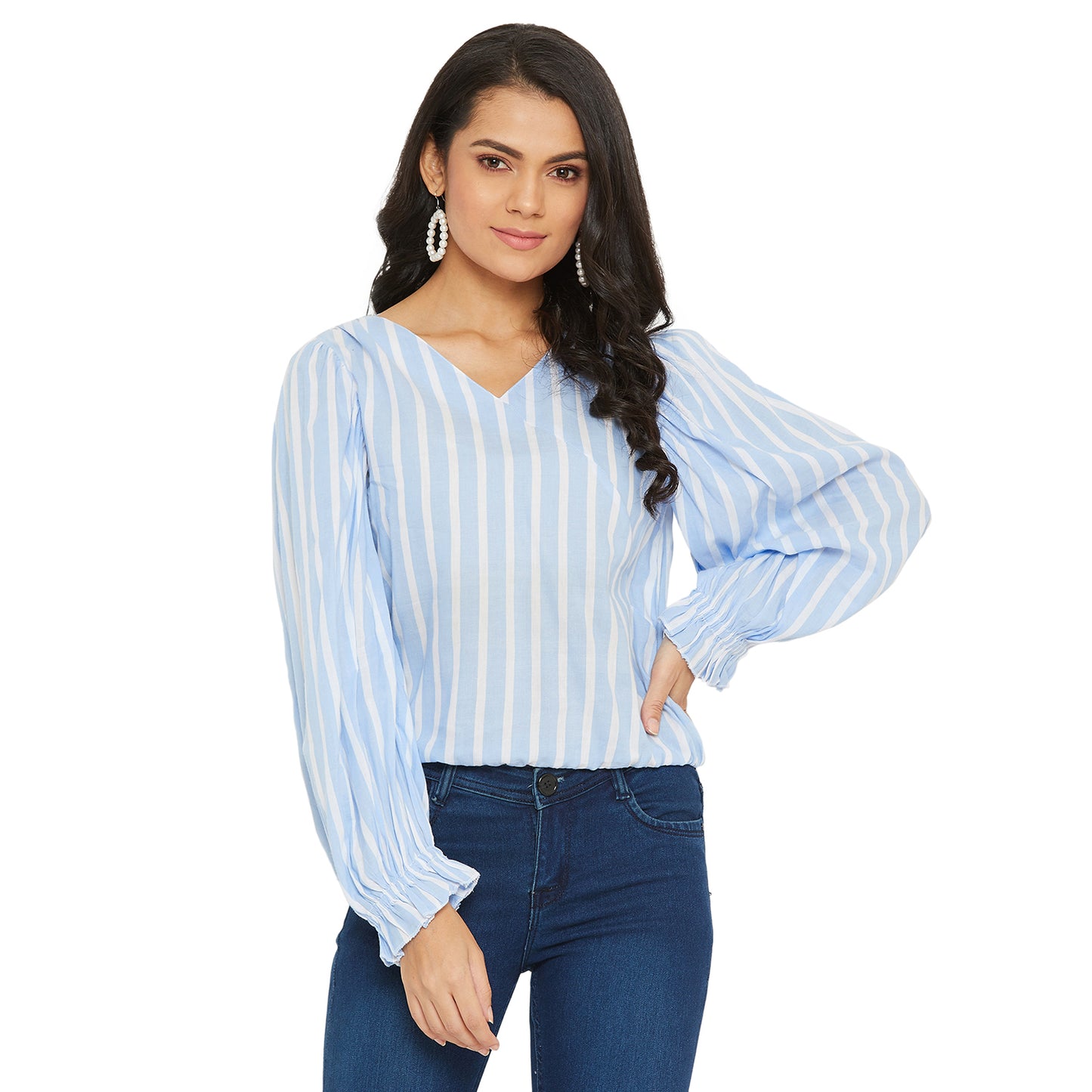 Ice Blue And white Stripe Top with gather sleeve and waist elastic