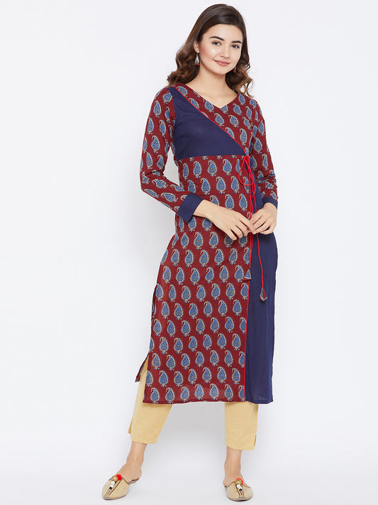 Women's Maroon And Blue Color Paisely Printed Streight Fit Angrakha Kurta