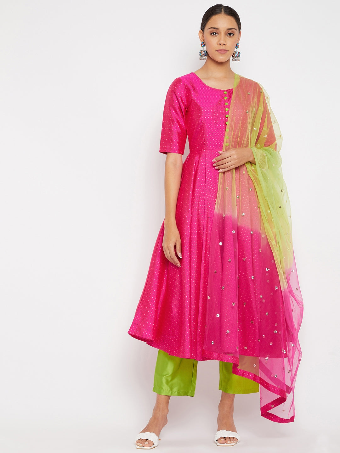 Women Magenta Pleated Golden Thread Work Kurta Set With Trouser And Dupatta