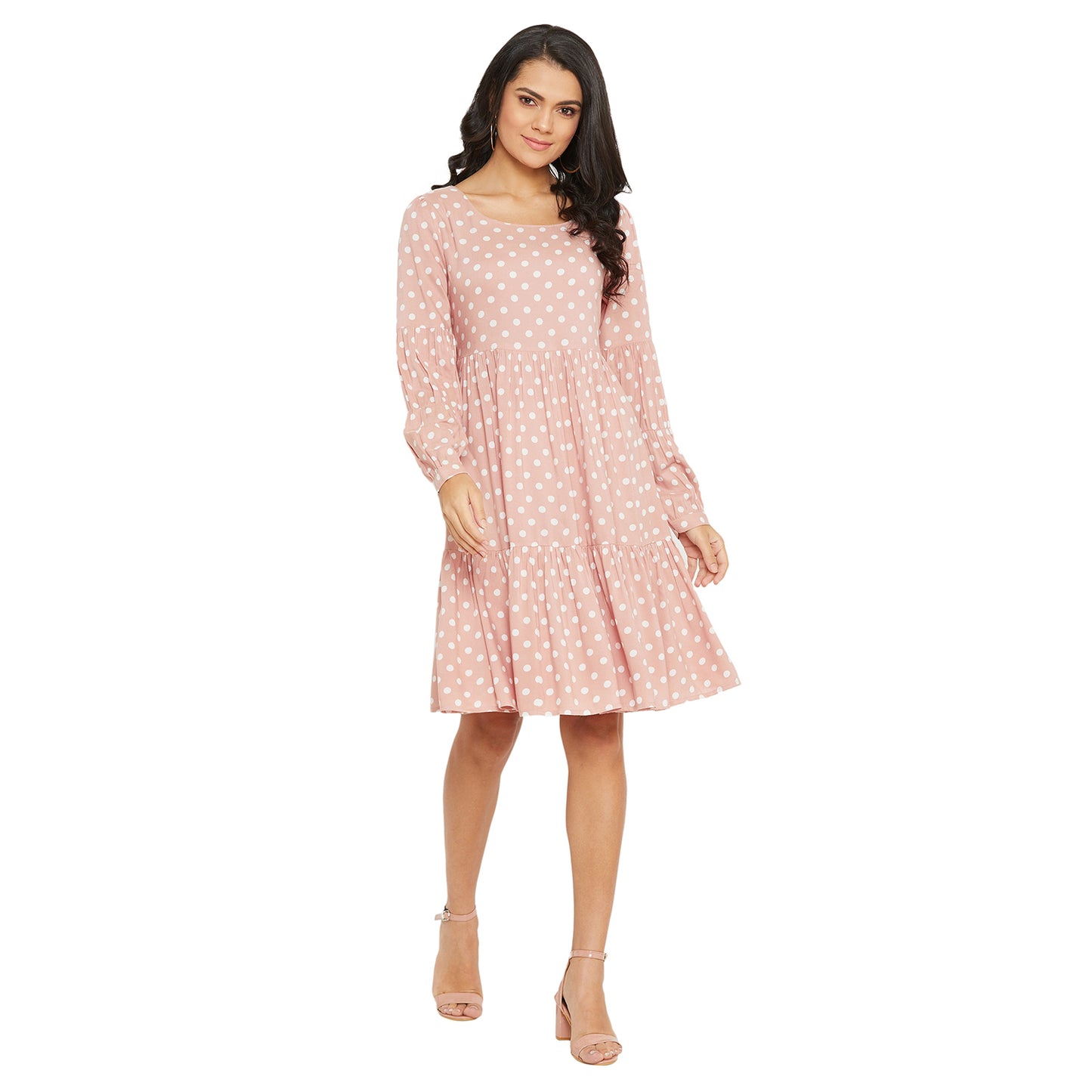 Women Pink Polka Dot Tiered A-line Dress
