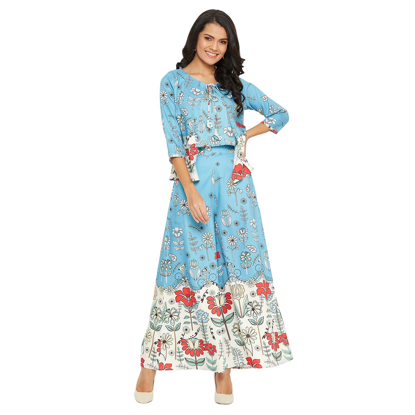 Women Ice Blue Printed Top With Inner and Palazzos