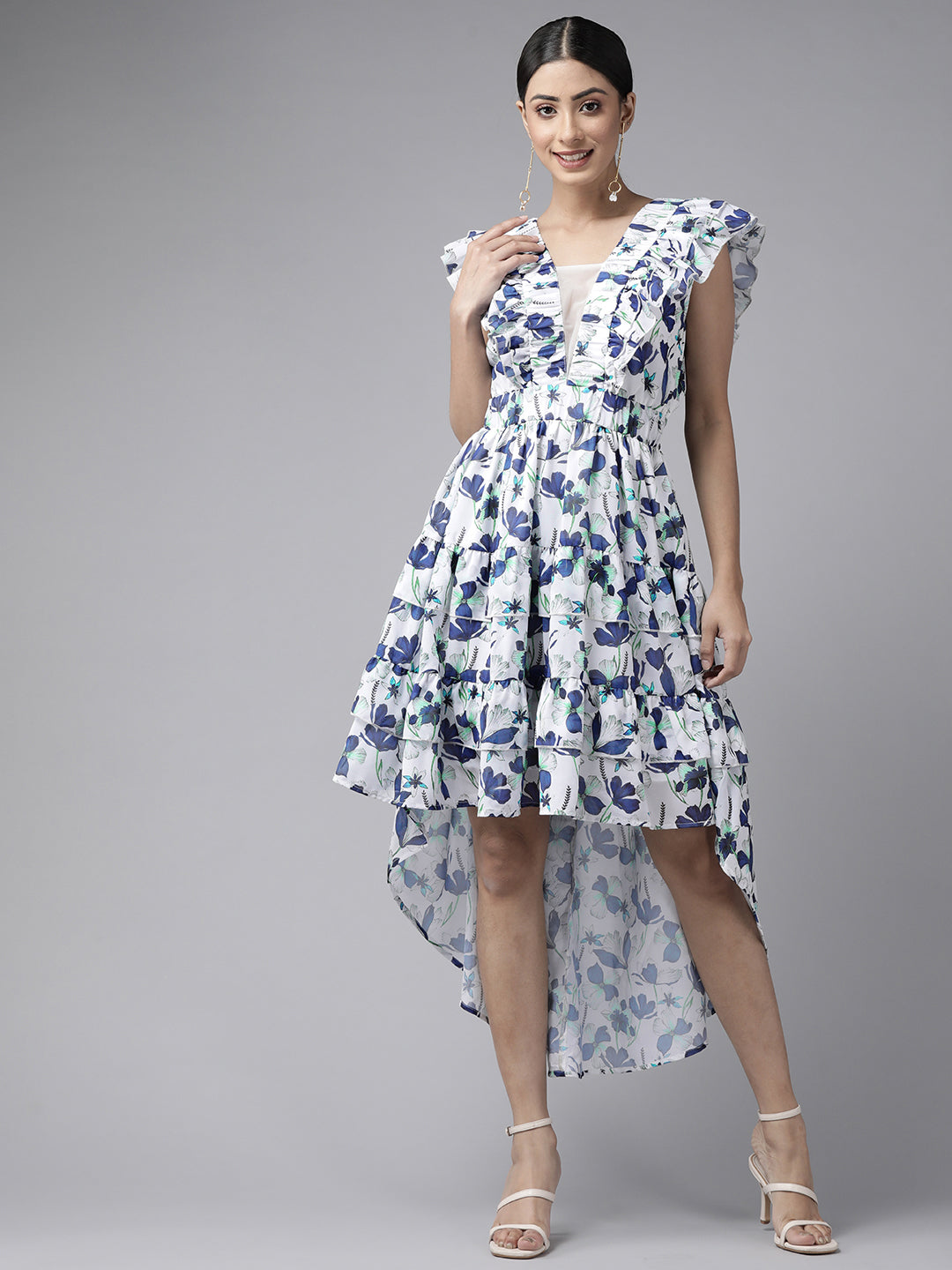 PANIT White Navy Blue Floral Printed Ruffled Layered A-Line Midi Dress