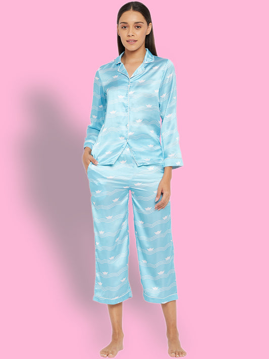 Women Blue & White Printed Night suit