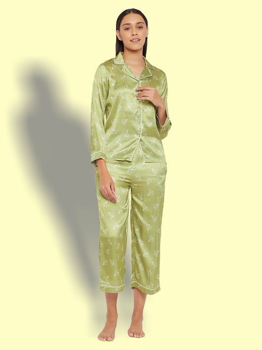 Women Lime Green & White Printed Night suit