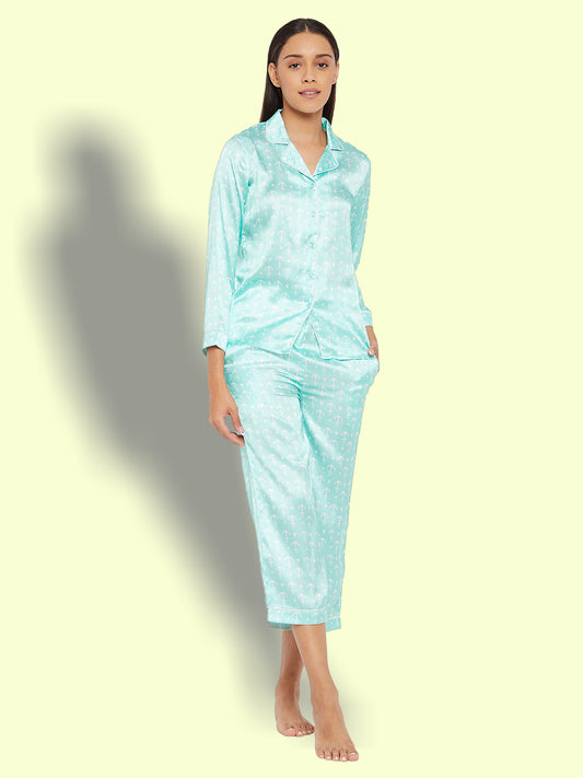 Women Blue & White Printed Night suit