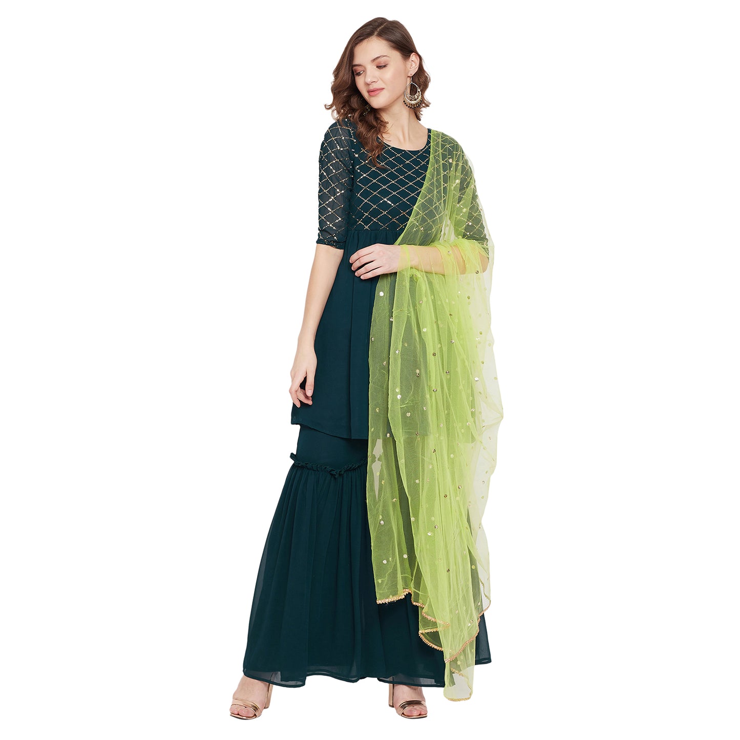 Dark green yoke and sleeve jaal embroidered sharara set with lime green dupatta