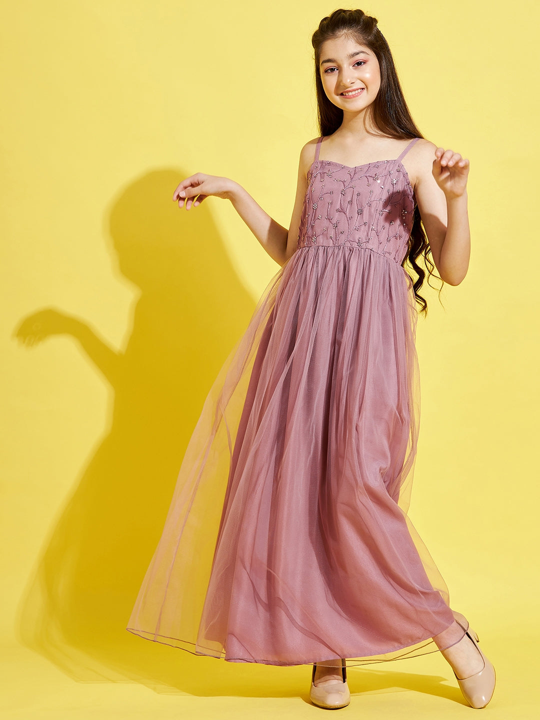 Girls Mauve Floral Net Maxi Maxi Dress