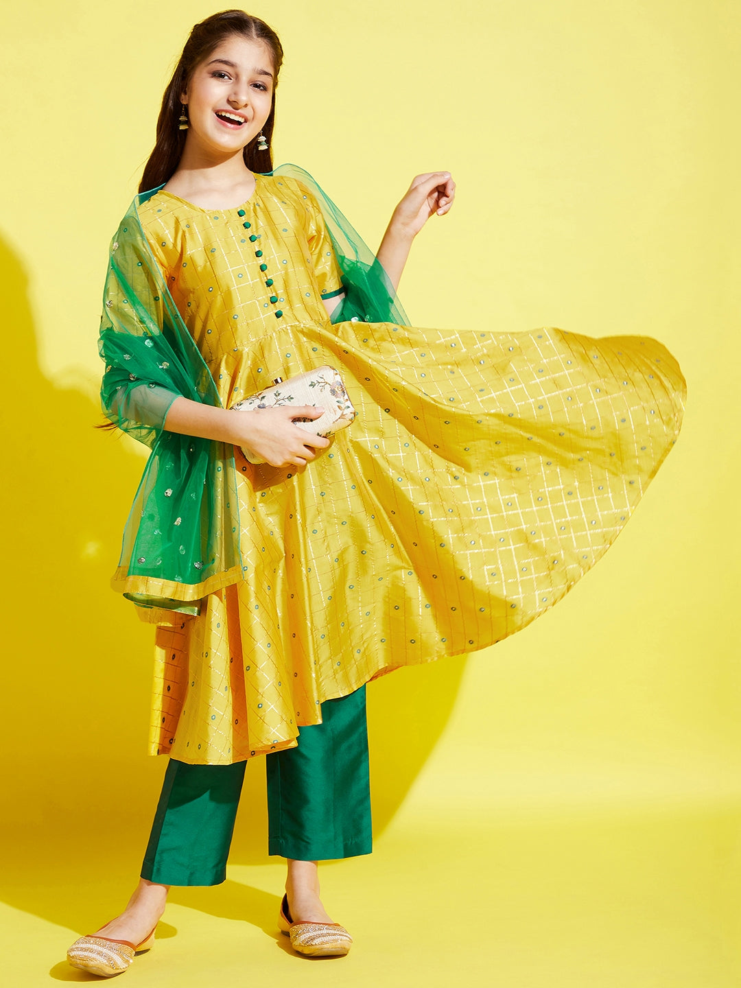 Girl Yellow Self Design Kurta with Palazzos with dupatta