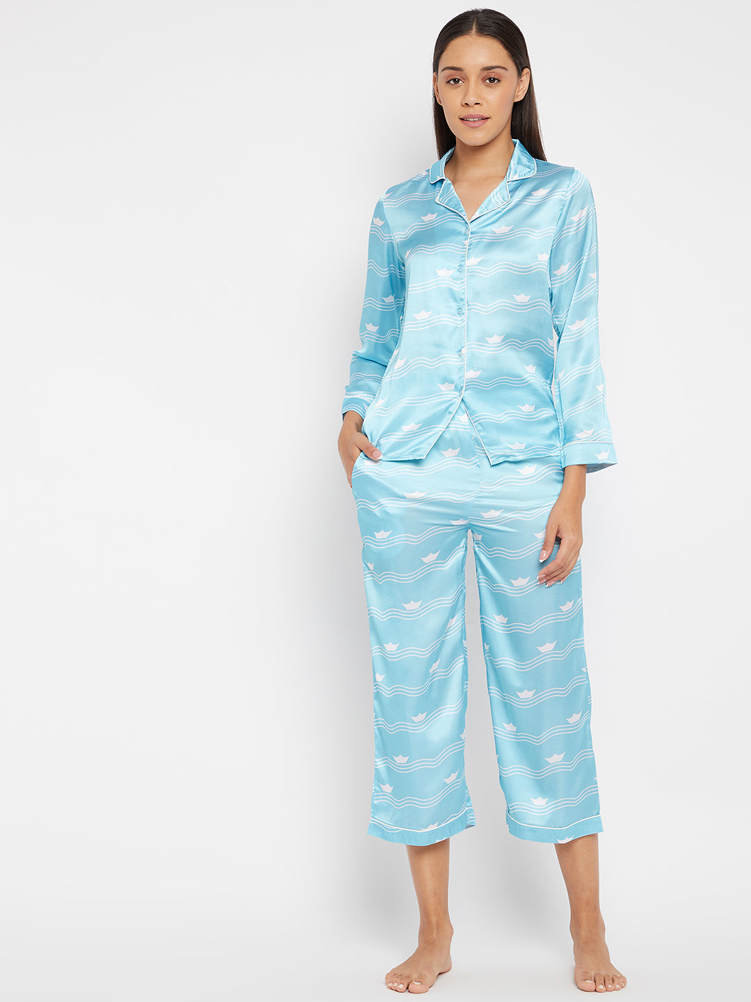 Women Blue & White Printed Night suit