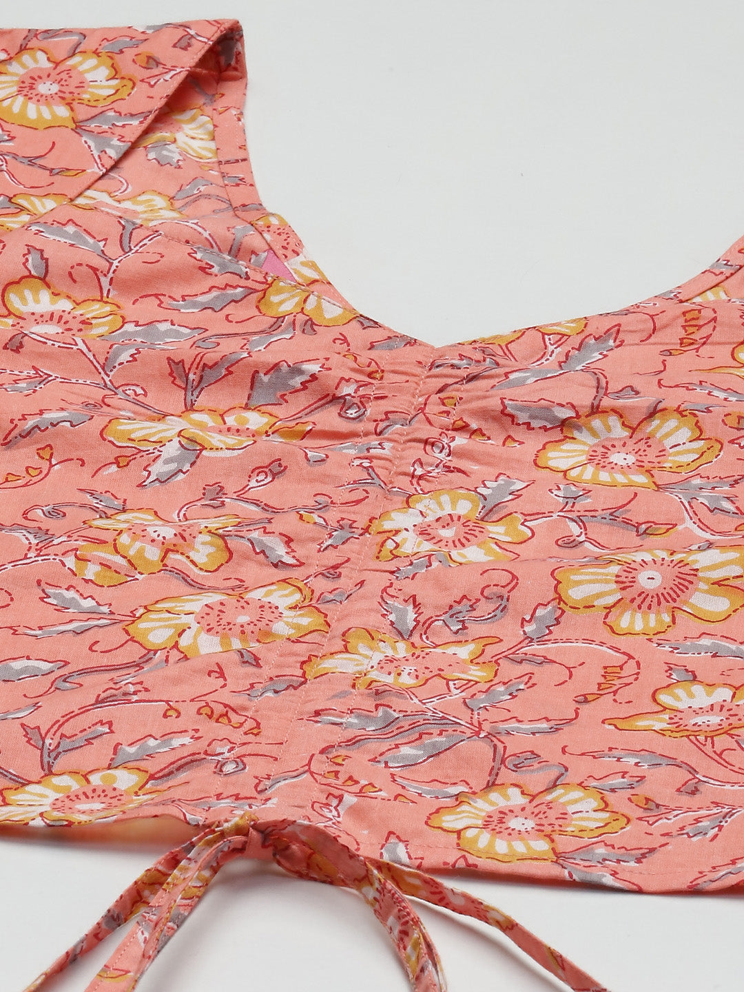 PANIT Peach-Coloured Yellow Floral Print Sweetheart Neck Pure Cotton Blouson Crop Top