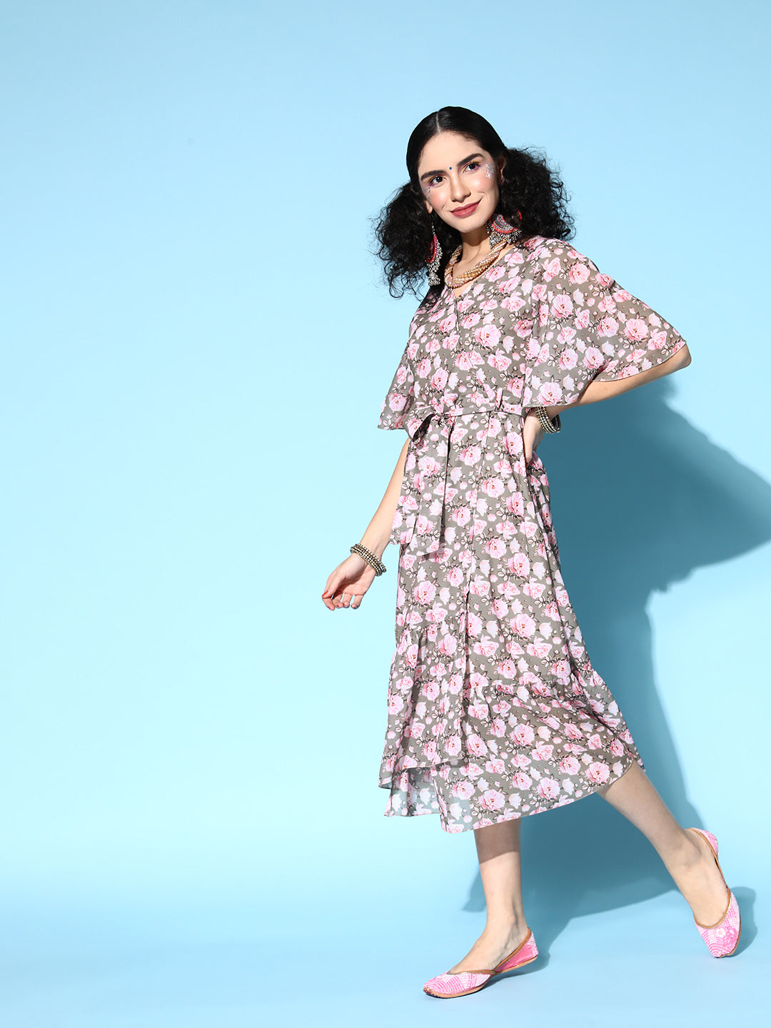 PANIT Women Grey Floral Twist Knot Dress