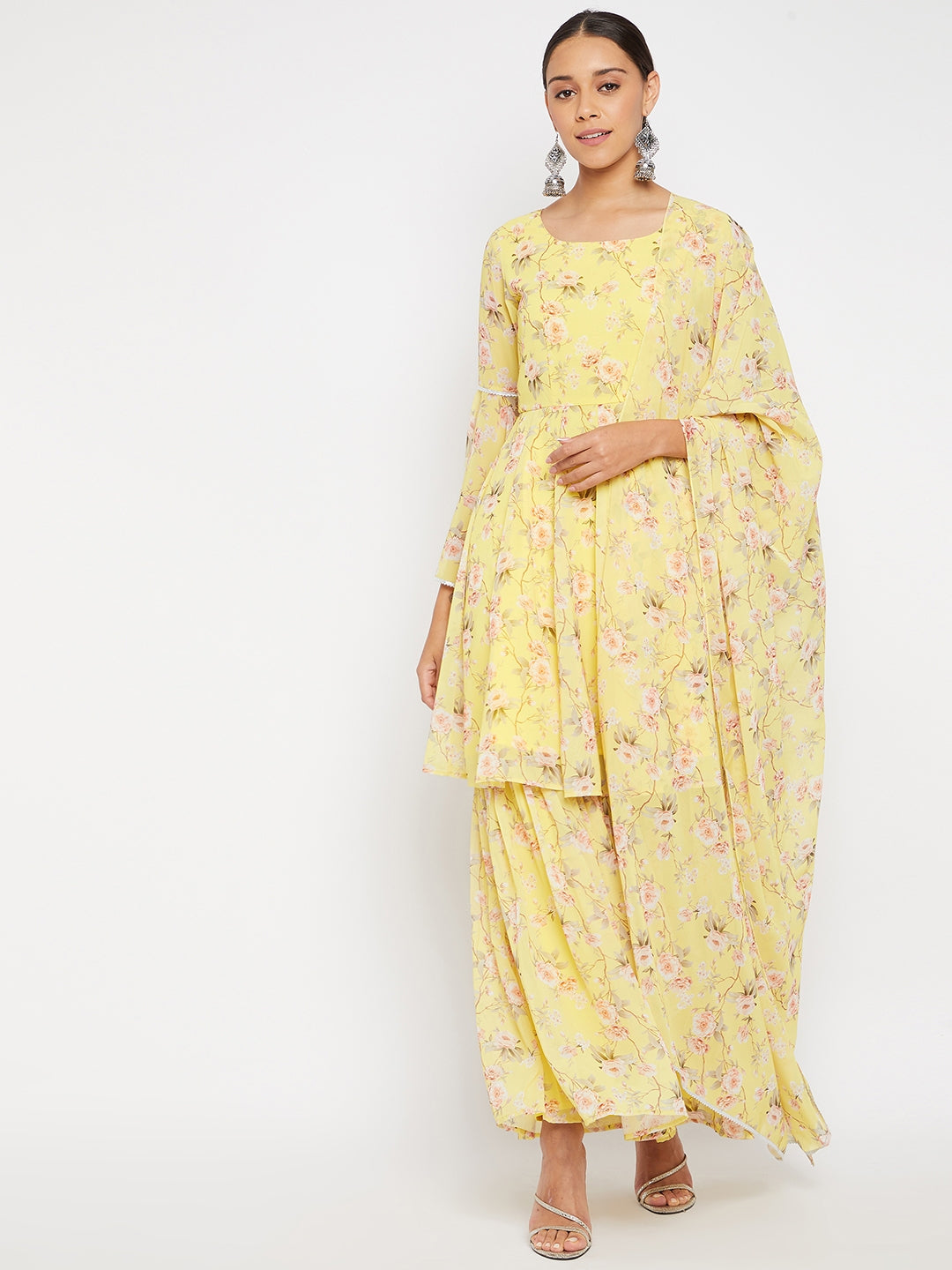 Women Yellow Floral Print Sharara Set With Dupatta