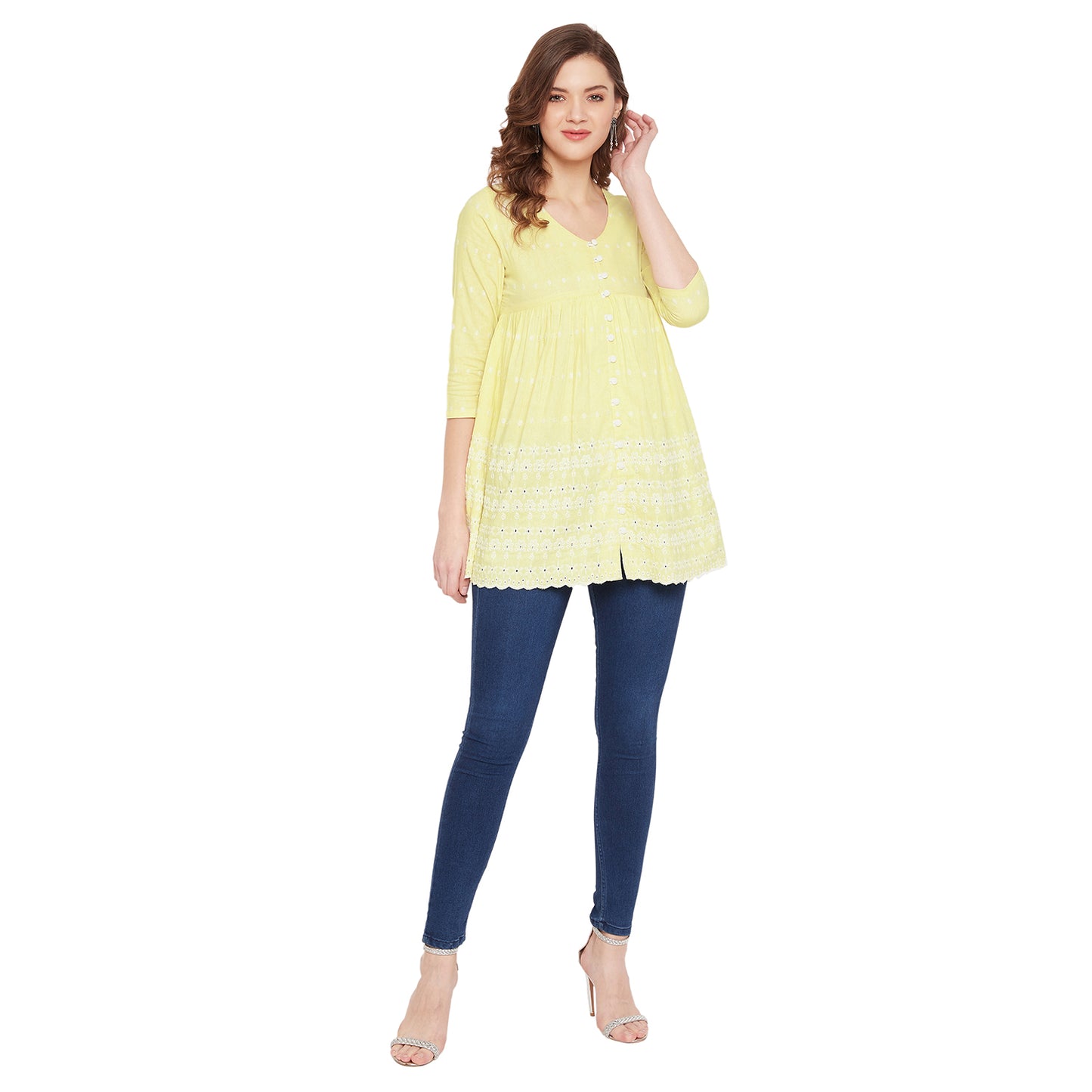 Women Yellow Schiffli A-Line Flared Top