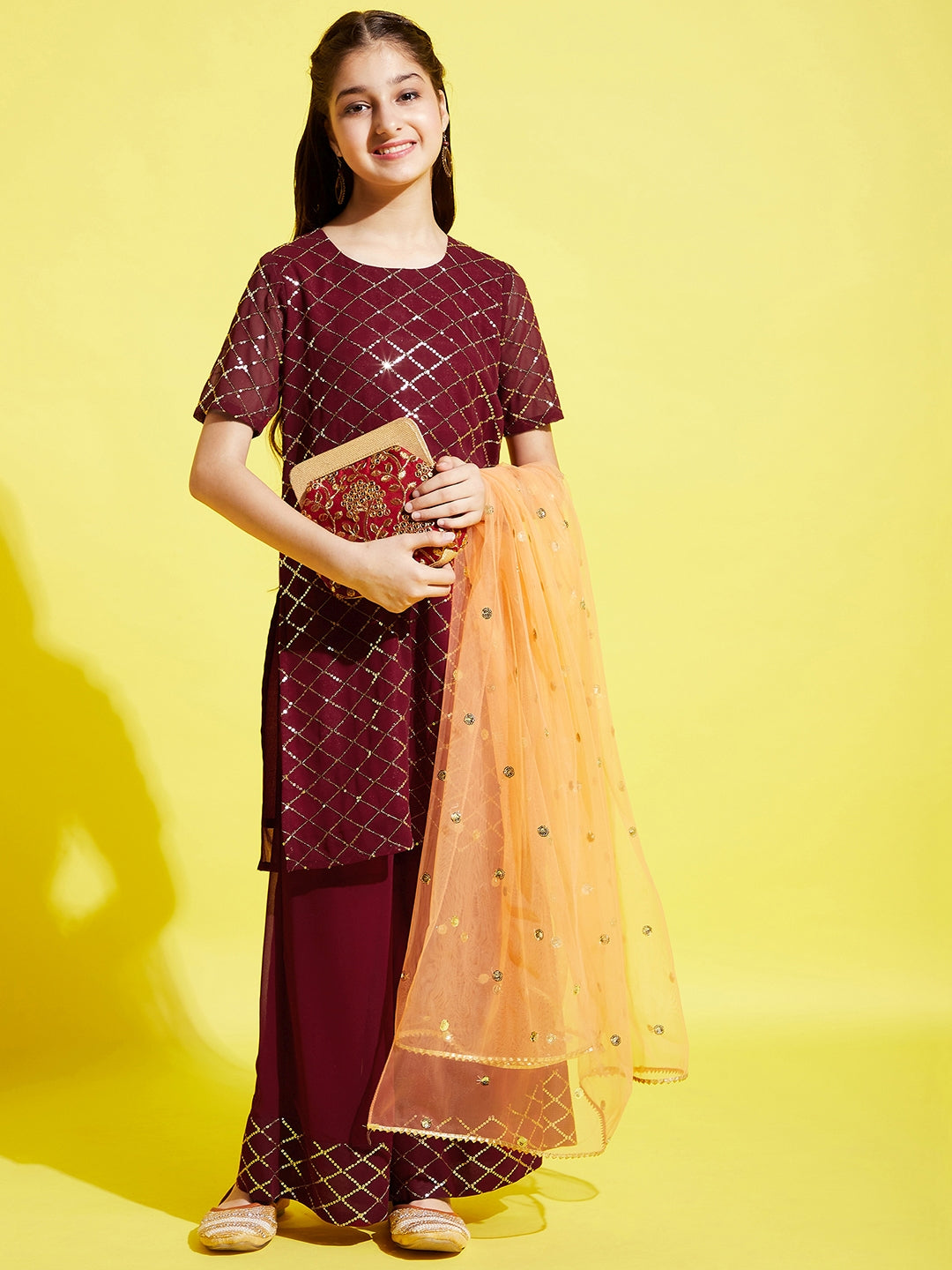 Girls Burgundy Embroidered Straight Kurta with Palazzos & With Dupatta