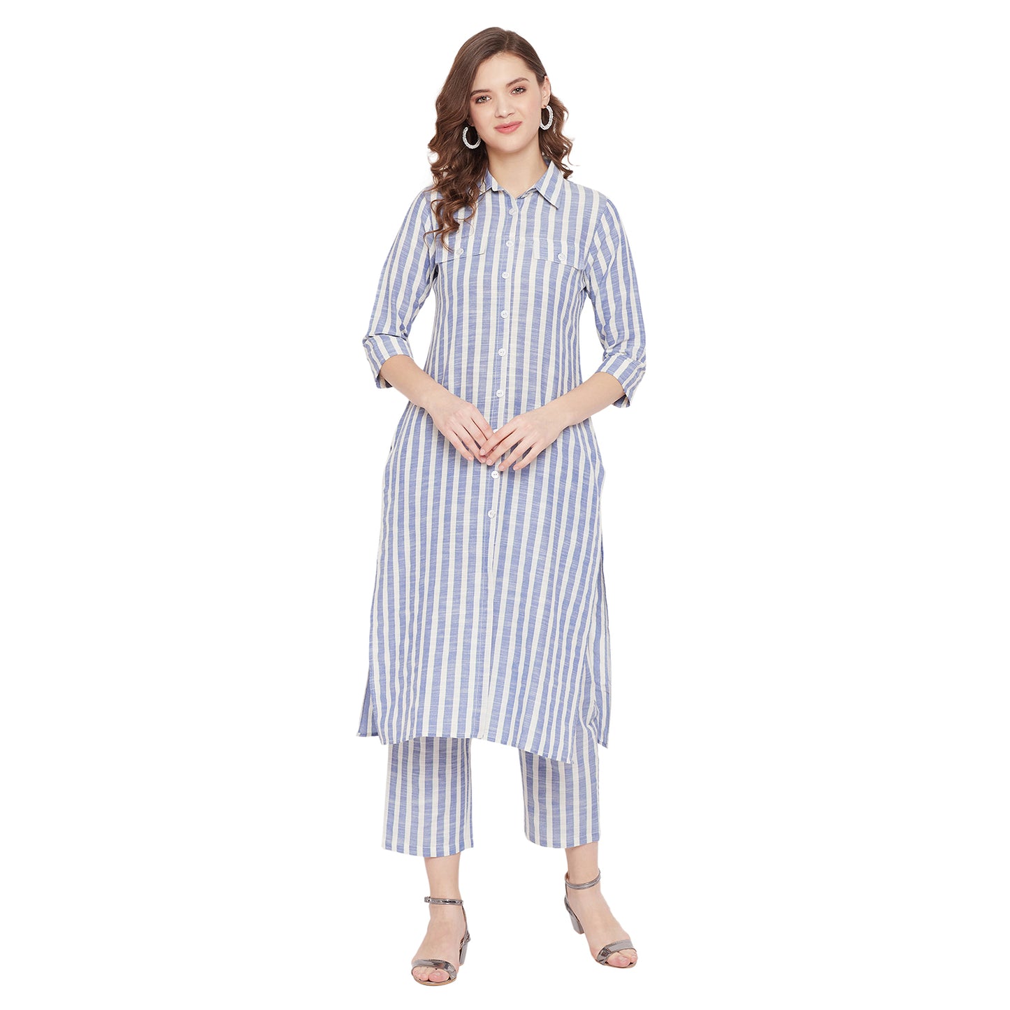 Formal white and blue stripe kurta set