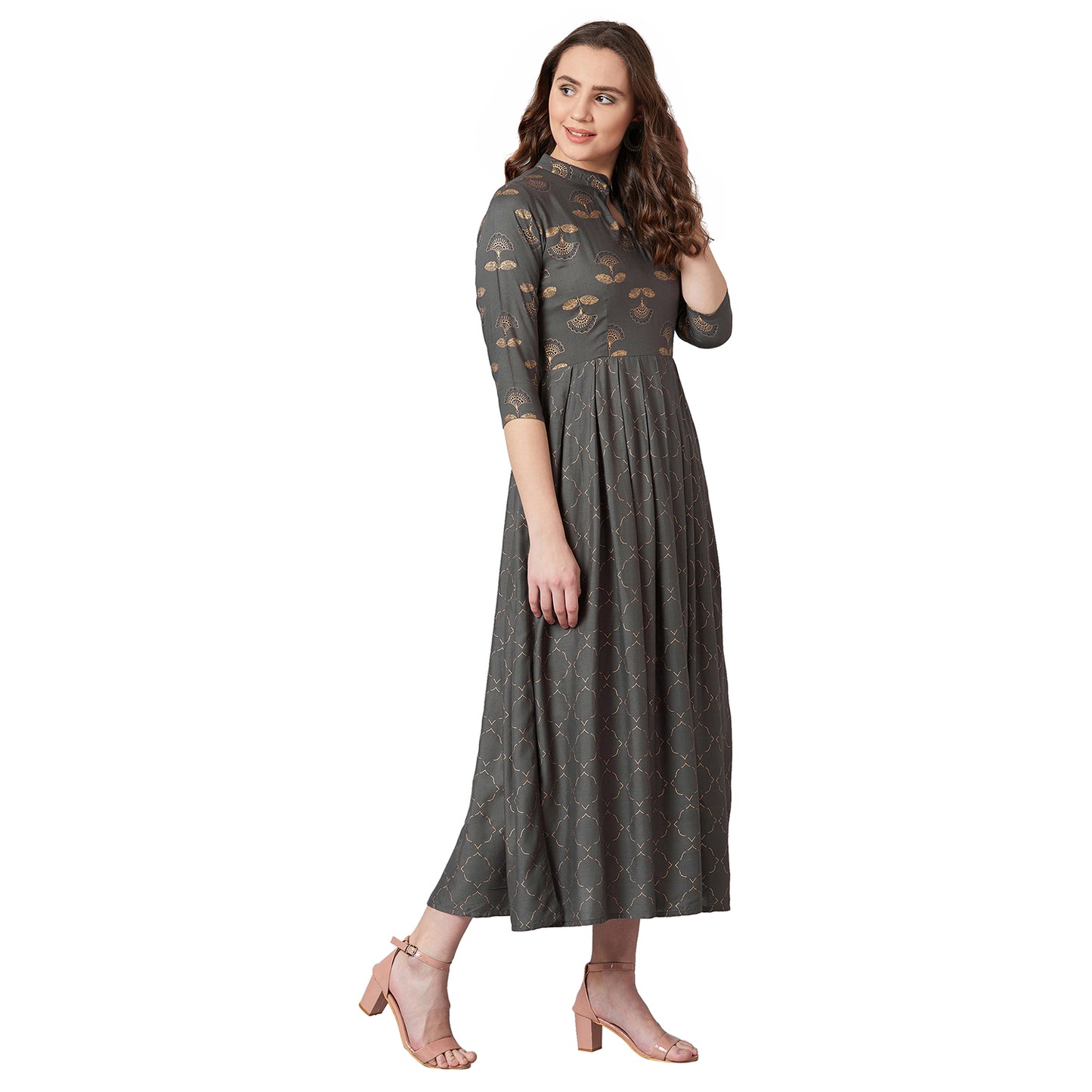 Women Charcoal Grey & Gold Block Floral Print Fit and Flare Dress