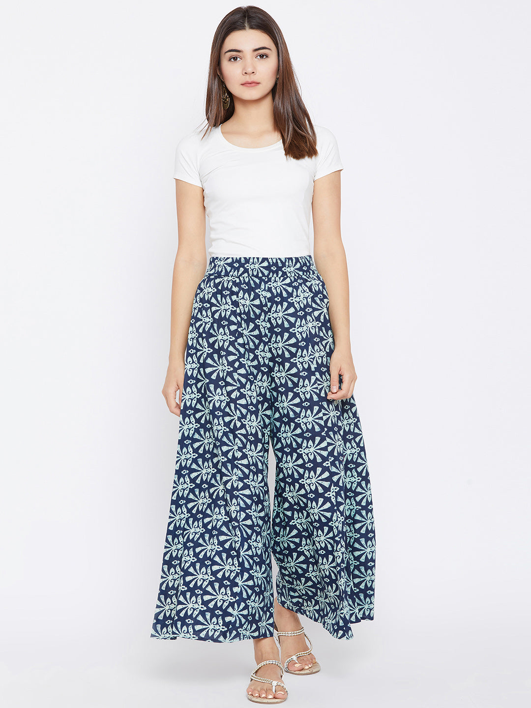 Women Navy Blue Flared Printed Palazzos