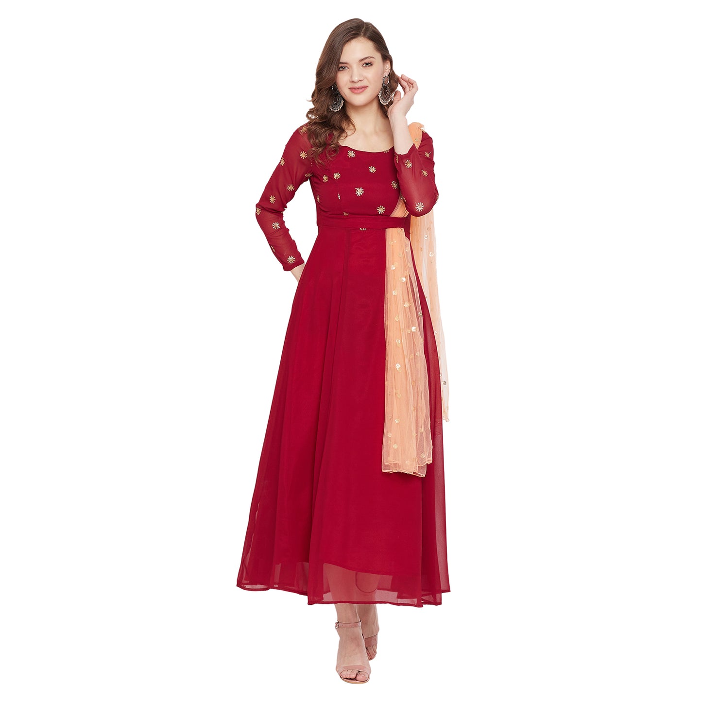Women Maroon Embellished Maxi Dress With Dupatta
