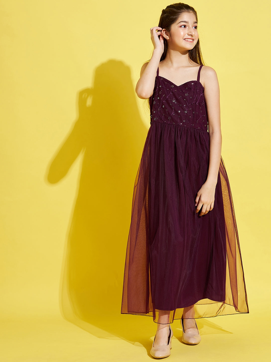 Women Maroon Floral Net Maxi Dress