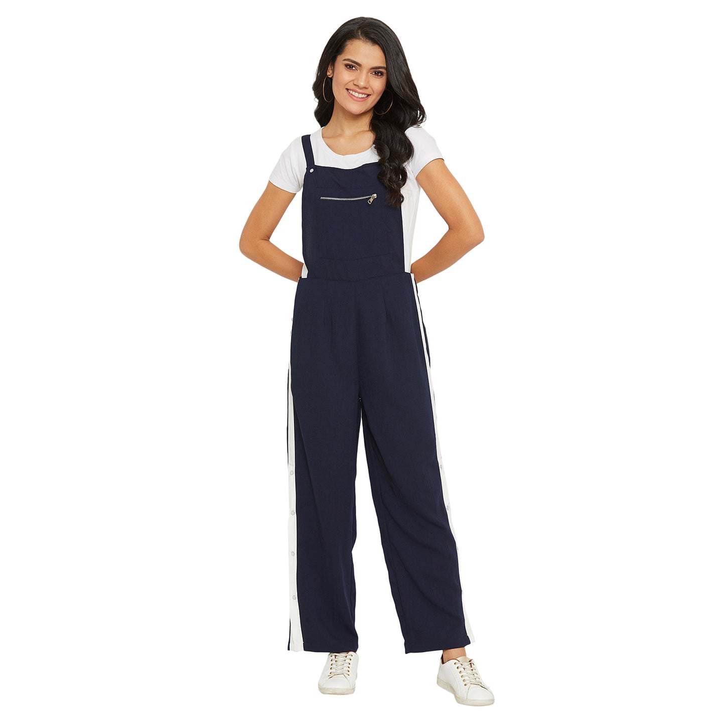 Navy Blue solid dungarees with side stripes detail