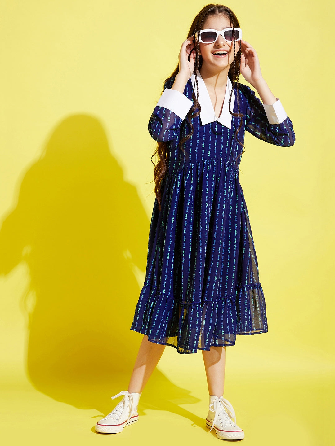 Girls Blue & White Midi Dress