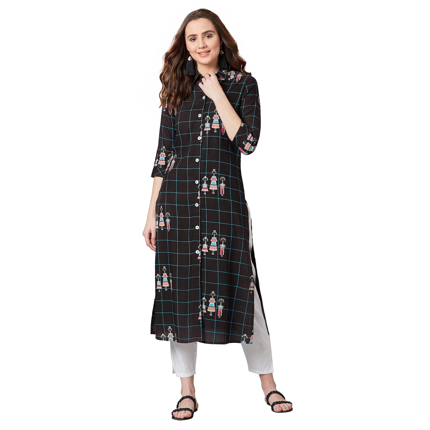 Women Black & Blue Tribal Print Straight Kurta