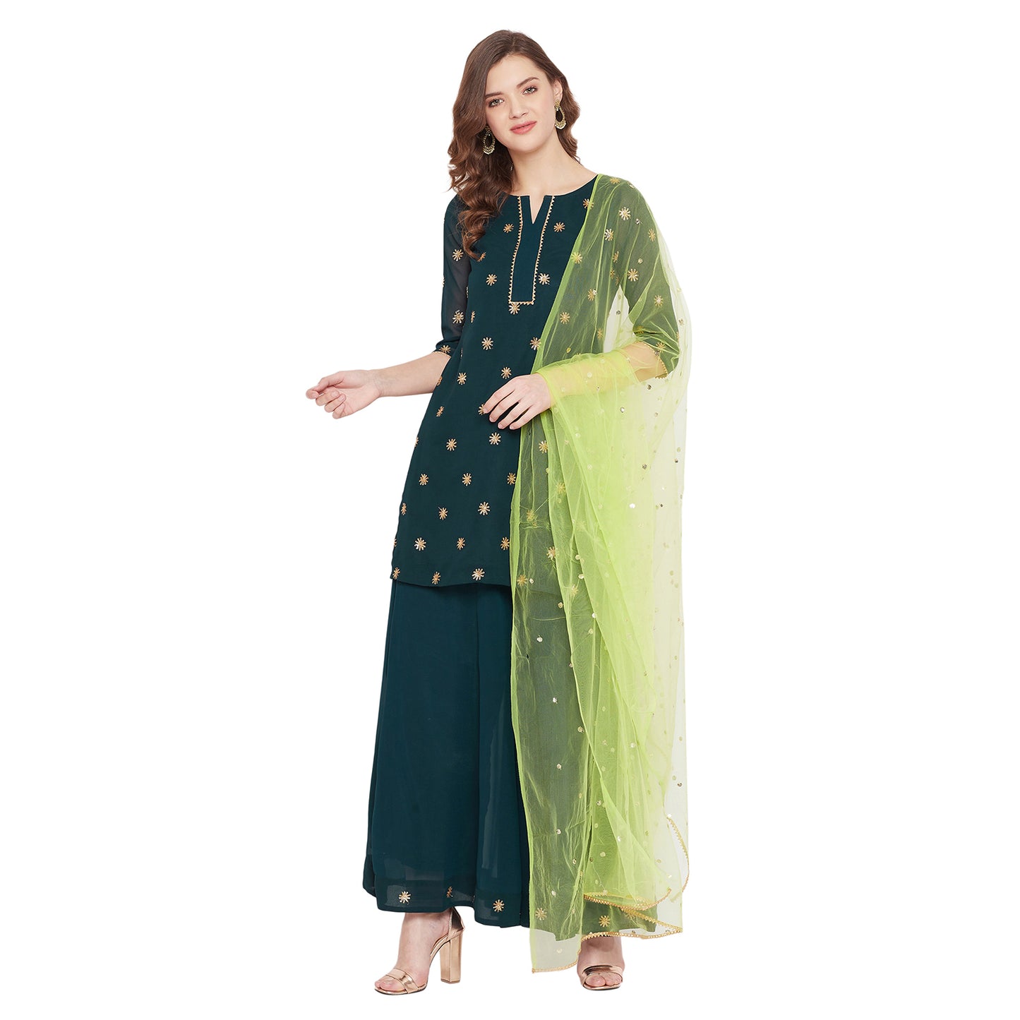 Dark green sun delicately embroidered sharara set