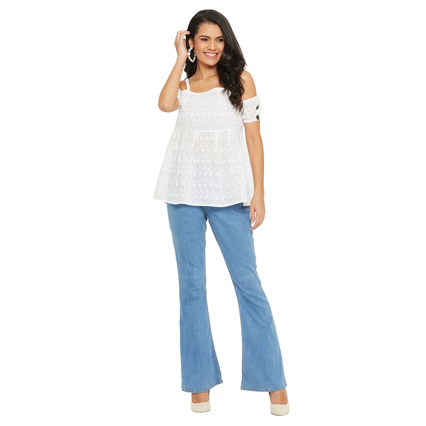 White Schiffli Off Shoulder Puff Sleeves Bardot top