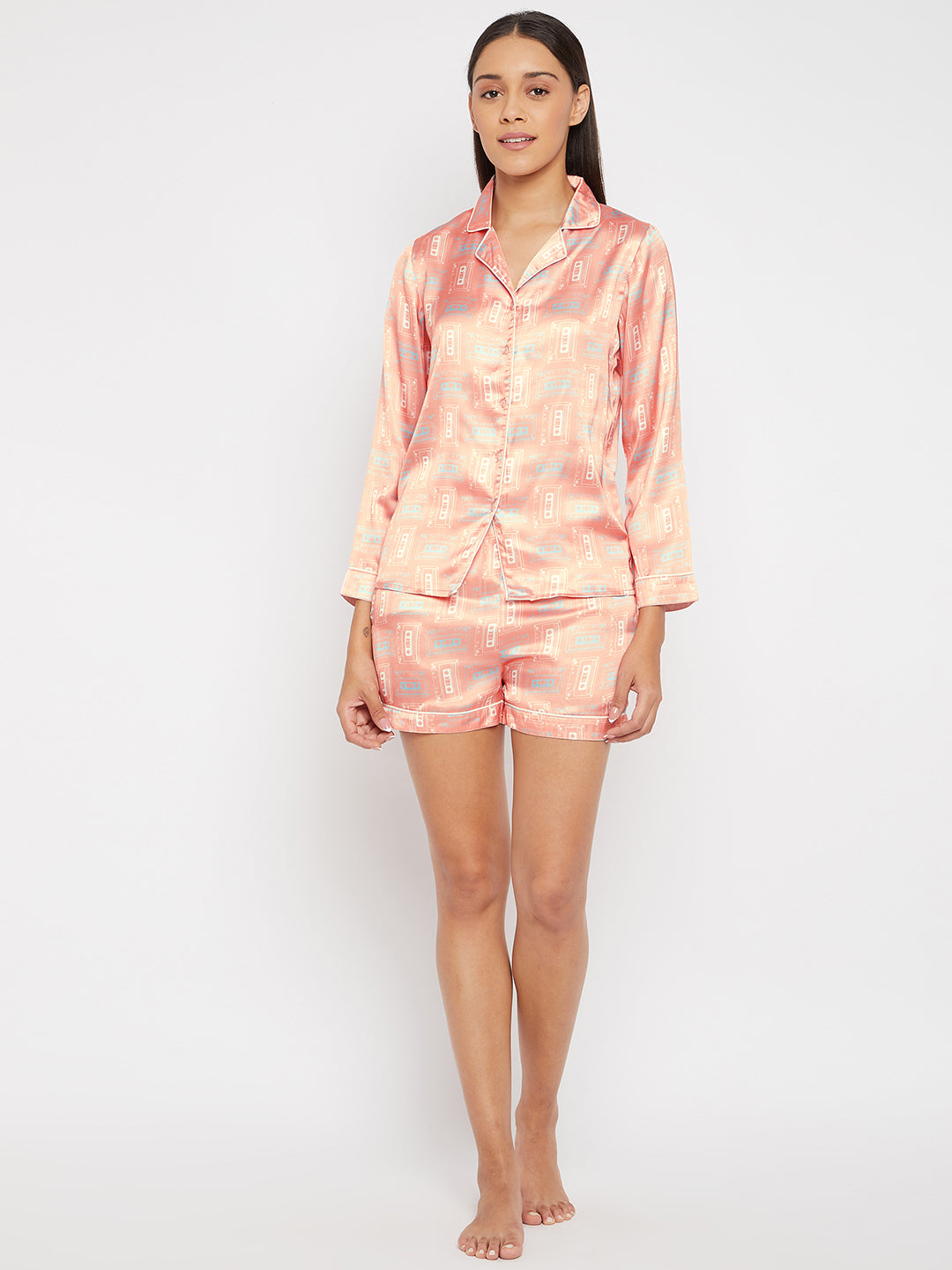 Women Pink & Beige Printed Night suit