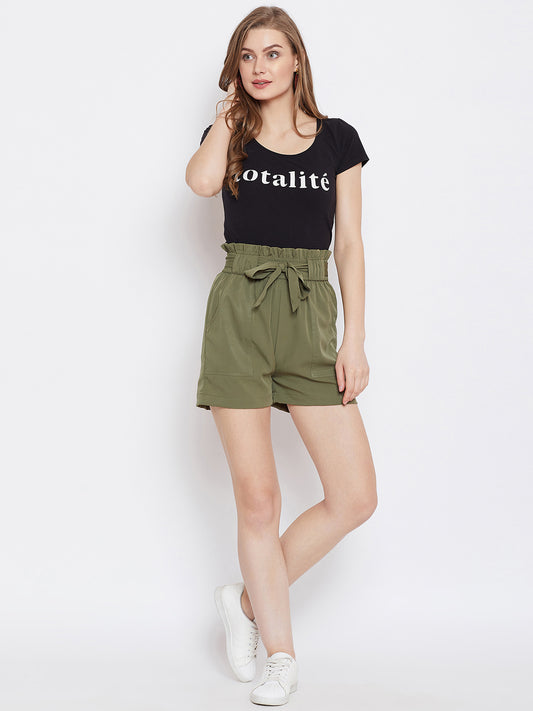 Women Olive Green Solid Loose Fit Regular Shorts