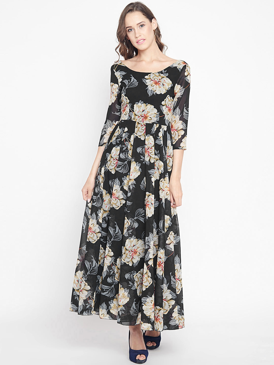 Women's Black Multi colour lily Floral print Maxi dress