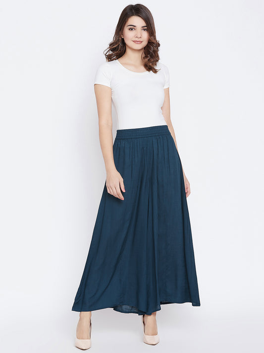 Women Teal Bkue Solid Flared Palazzos