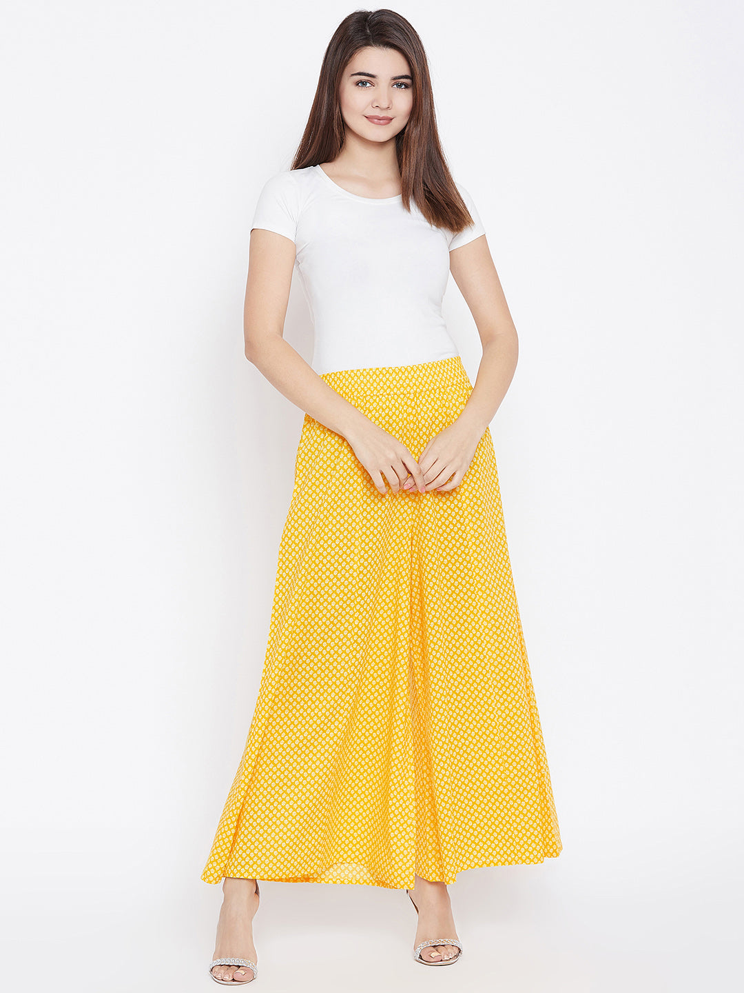 Women Yellow Printed Flared Palazzos