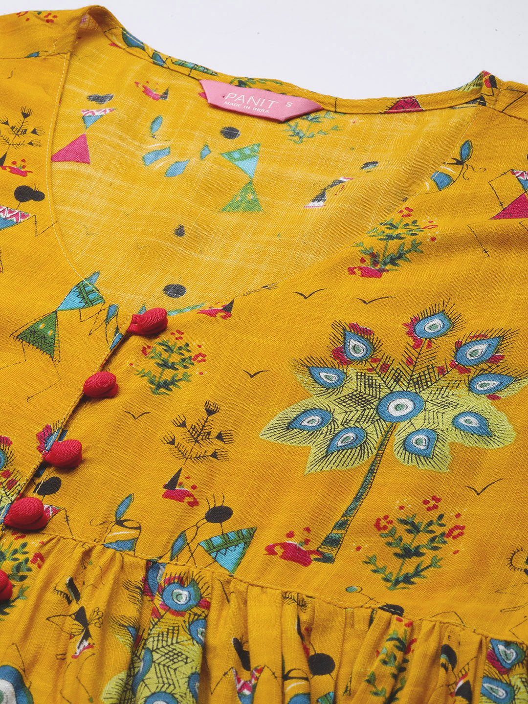 PANIT Women Yellow Black Tribal Printed Pleated Kurti