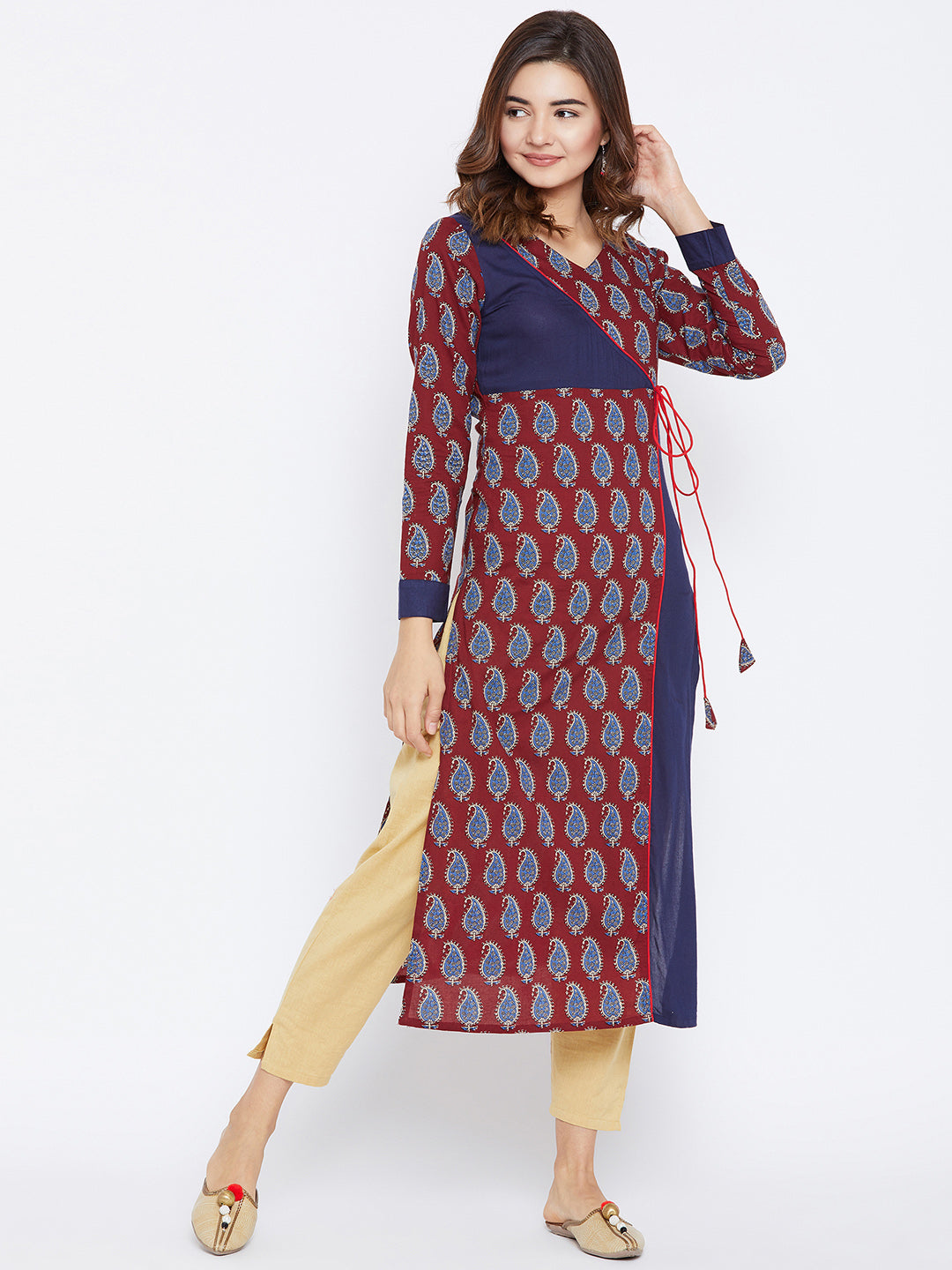 Women's Maroon And Blue Color Paisely Printed Streight Fit Angrakha Kurta