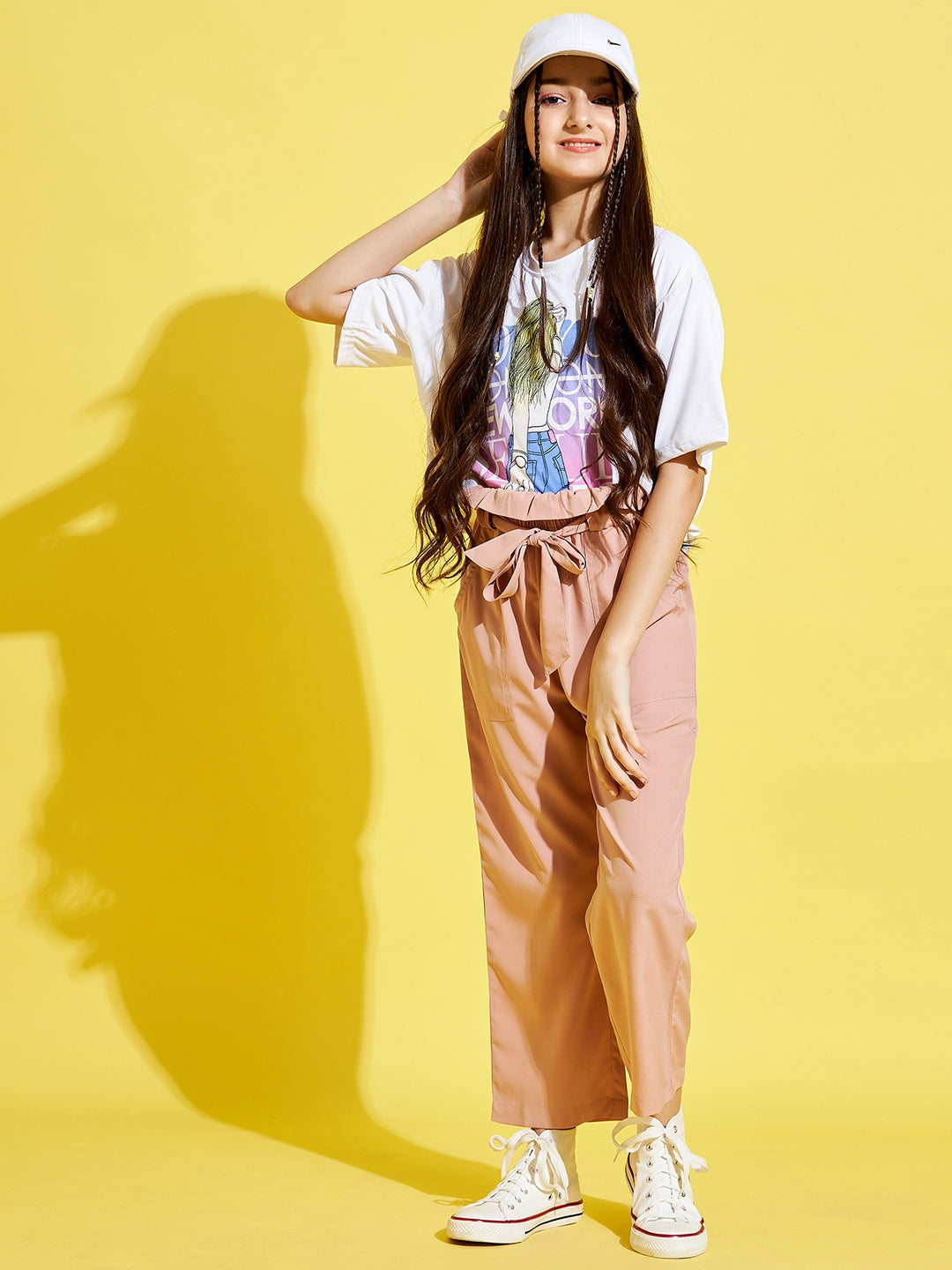 Girls Peach-Coloured Relaxed High-Rise Trousers