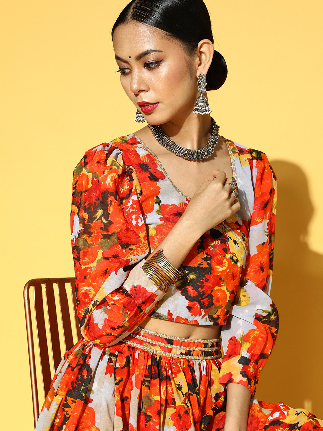 Orange & Grey Floral Print Ready to Wear Lehenga & Choli