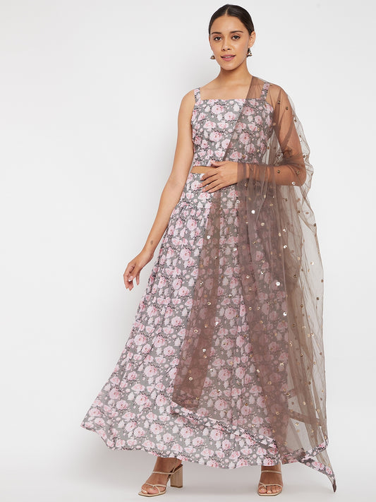 Women Grey Floral Printed Regular Top with Skirt & With Dupatta